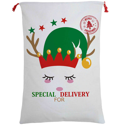 50x70cm Canvas Hessian Christmas Santa Sack Xmas Stocking Reindeer Kids Gift Bag, Cream - Cute Reindeer Delivery-0