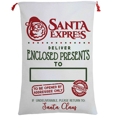 50x70cm Canvas Hessian Christmas Santa Sack Xmas Stocking Reindeer Kids Gift Bag, Cream - Santa Express-0