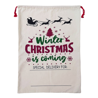 50x70cm Canvas Hessian Christmas Santa Sack Xmas Stocking Reindeer Kids Gift Bag, Cream - Winter Is Coming-0