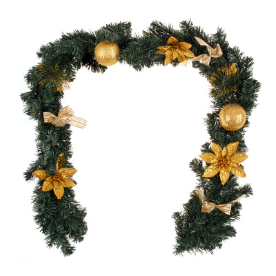 1.8m/6ft Christmas Pine Green Garland Gold Balls Flower Bows Xmas Hanging Décor, Gold, Green-0