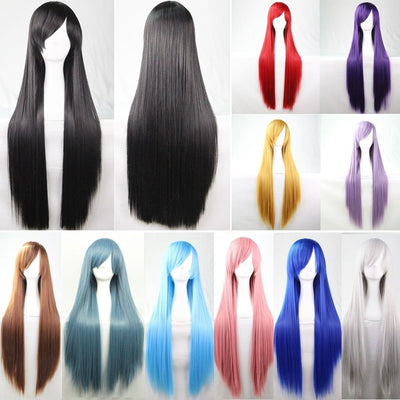 New 80cm Straight Sleek Long Full Hair Wigs w Side Bangs Cosplay Costume Womens, Light Purple-1