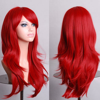 70cm Wavy Curly Sleek Full Hair Lady Wigs w Side Bangs Cosplay Costume Womens, Red-0