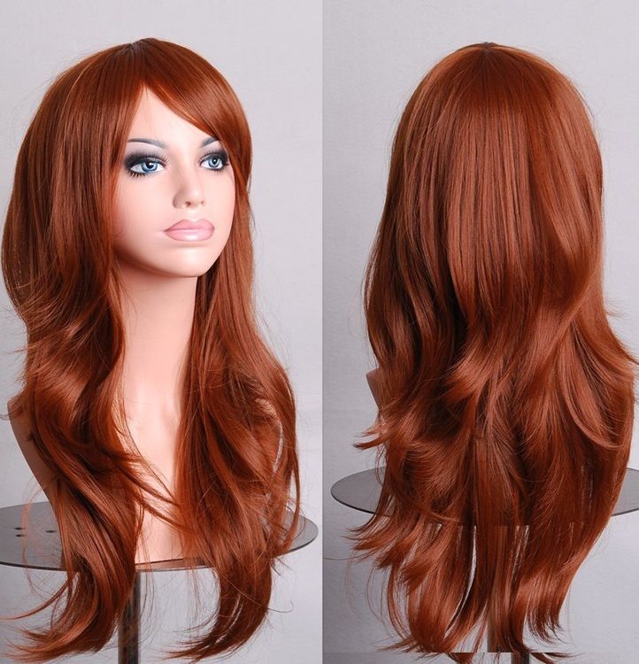 70cm Wavy Curly Sleek Full Hair Lady Wigs w Side Bangs Cosplay Costume Womens, Brown-0