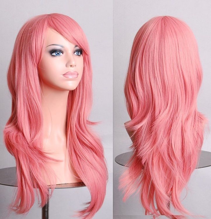 70cm Wavy Curly Sleek Full Hair Lady Wigs w Side Bangs Cosplay Costume Womens, Pink-0