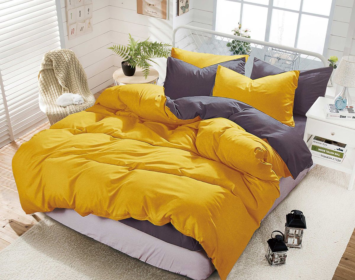 1000TC Reversible King Size Yellow and Grey Duvet Quilt Cover Set-0