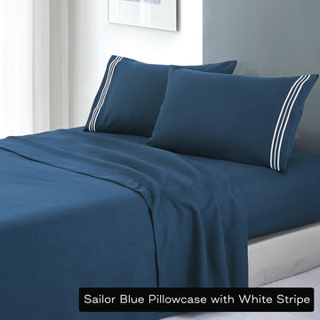 soft microfibre embroidered stripe sheet set single sailor blue pillowcase white stripe-0