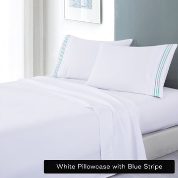 soft microfibre embroidered stripe sheet set single white pillowcase blue stripe-0