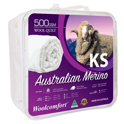 Woolcomfort Aus Made Merino Wool Quilt 500GSM 160x210cm King Single Size-0