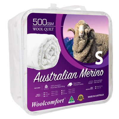 Woolcomfort Aus Made Merino Wool Quilt 500GSM 140x210cm Single Size-0