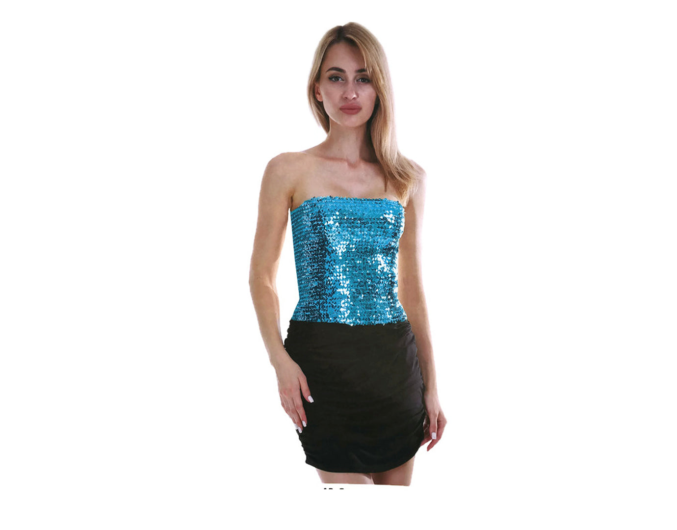 Womens SEQUIN BANDEAU CROP TOP Sparkling Sparkly Costume Tube - Light Blue-0