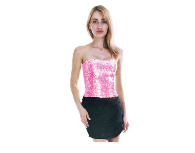 Womens SEQUIN BANDEAU CROP TOP Sparkling Sparkly Costume Tube - Light Pink-0