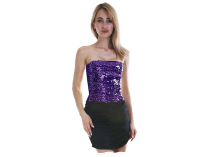 Womens SEQUIN BANDEAU CROP TOP Sparkling Sparkly Costume Tube - Purple-1