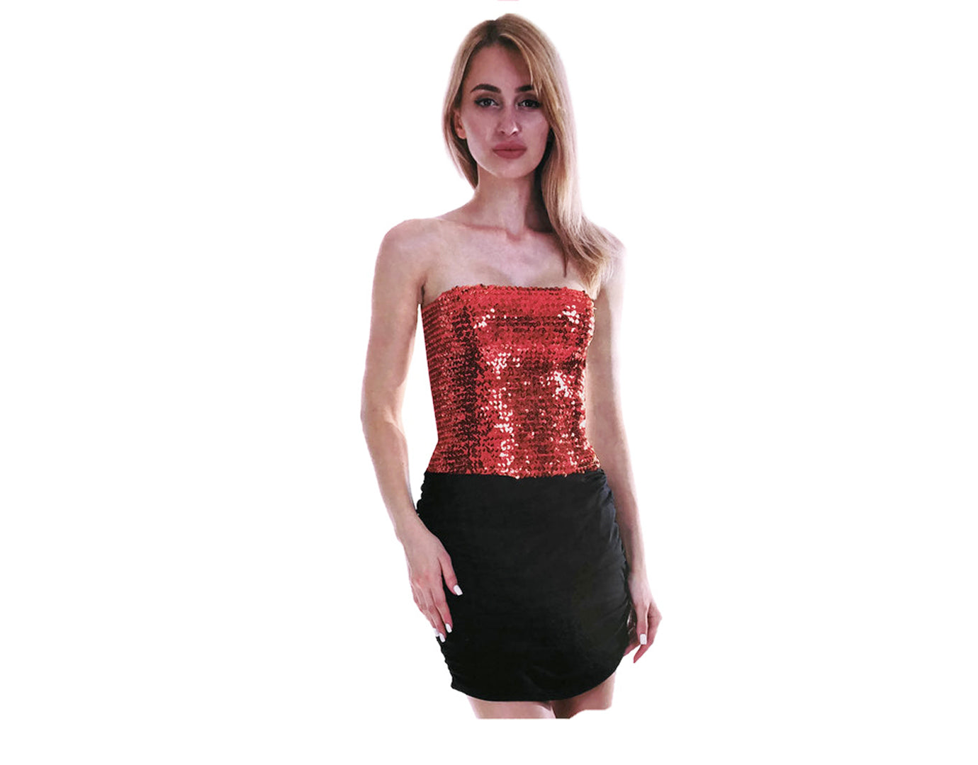 Womens SEQUIN BANDEAU CROP TOP Sparkling Sparkly Costume Tube - Red-0