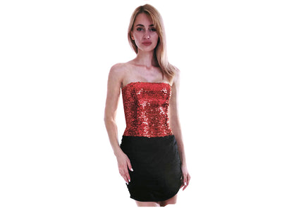 Womens SEQUIN BANDEAU CROP TOP Sparkling Sparkly Costume Tube - Red-1