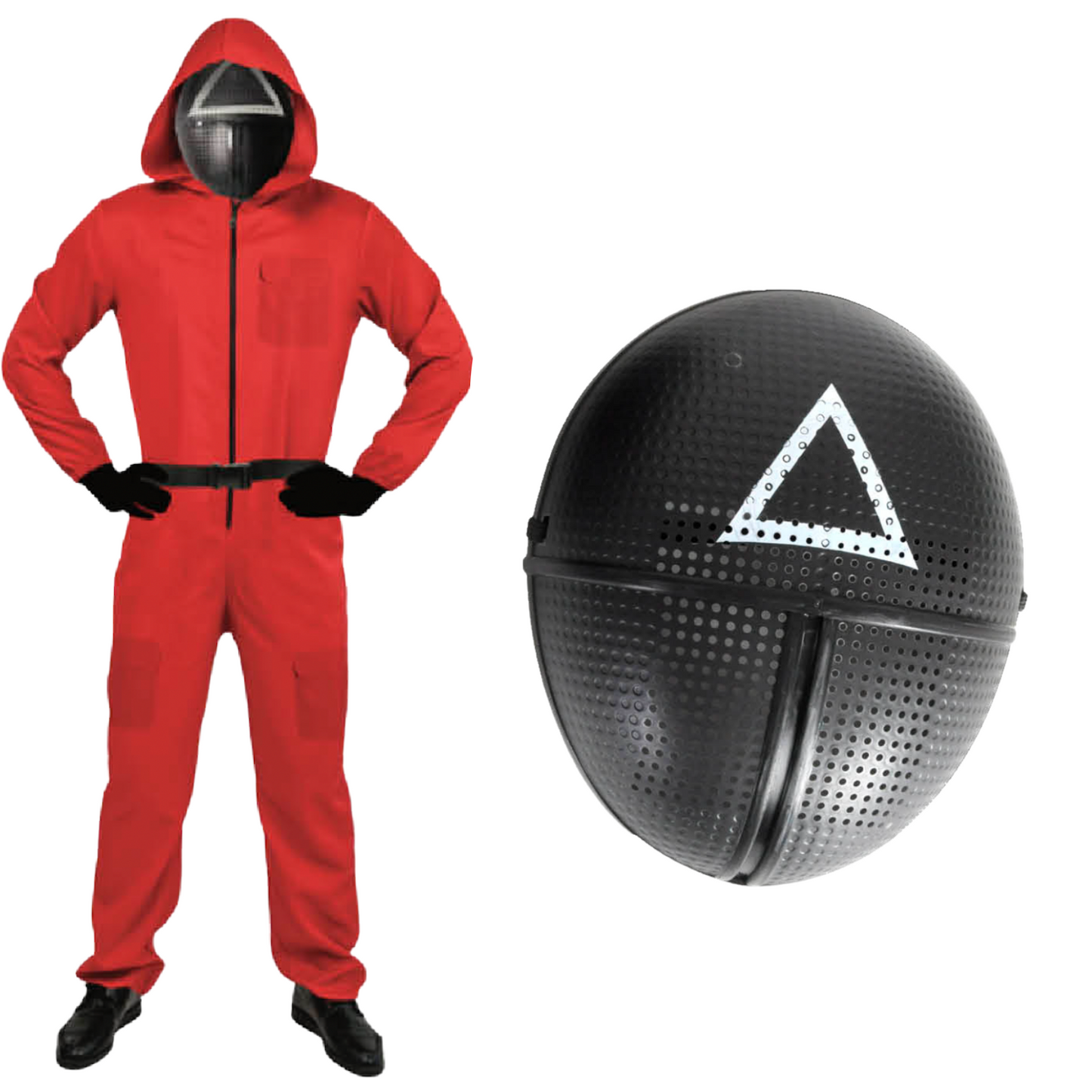 Adult Squid Game Guard Tracksuit Red Full Party Costume Set w/ Mask - Triangle Mask - L/XL-0