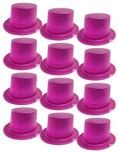 12x GLITTER TOP HAT Fancy Party Plastic Costume Tall Cap Fun Dress Up BULK - Hot Pink-0