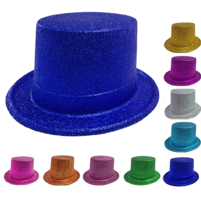 12x GLITTER TOP HAT Fancy Party Plastic Costume Tall Cap Fun Dress Up BULK - Mixed Colour Pack-0