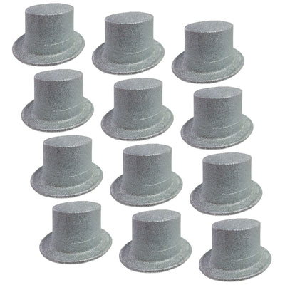 12x GLITTER TOP HAT Fancy Party Plastic Costume Tall Cap Fun Dress Up BULK - Silver-0