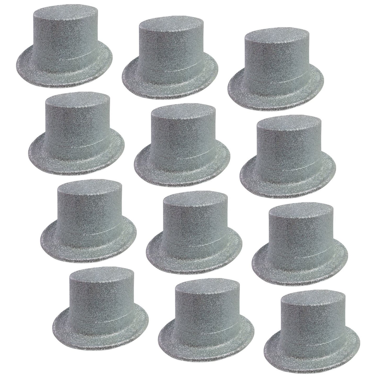 12x GLITTER TOP HAT Fancy Party Plastic Costume Tall Cap Fun Dress Up BULK - Silver-1