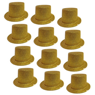 12x GLITTER TOP HAT Fancy Party Plastic Costume Tall Cap Fun Dress Up BULK - Yellow/Gold-1