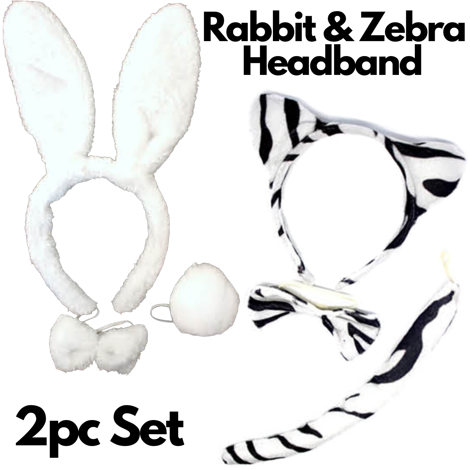 2pc Set Animal Headband w Bow Tail Rabbit + Zebra Ears Costume Halloween Party-1