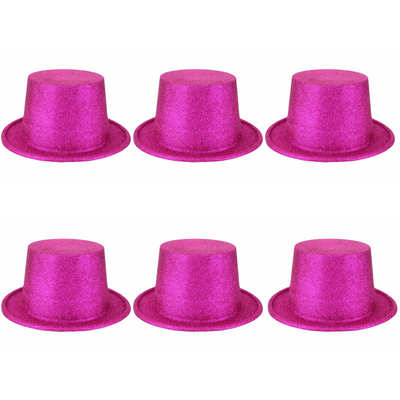 6x Glitter Top Hat Fancy Party Plastic Costume Tall Cap Fun Bulk - Hot Pink-1