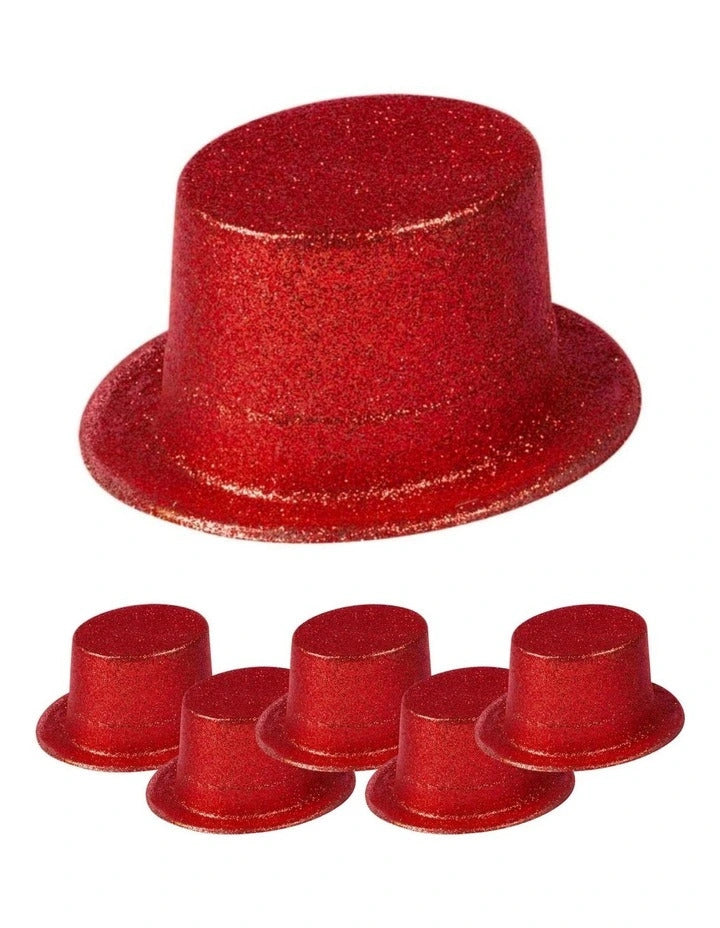 6x GLITTER TOP HAT Fancy Party Plastic Costume Tall Cap Fun Dress Up BULK - Red - One Size-0