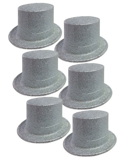 6x GLITTER TOP HAT Fancy Party Plastic Costume Tall Cap Fun Dress Up BULK - Silver - One Size-0