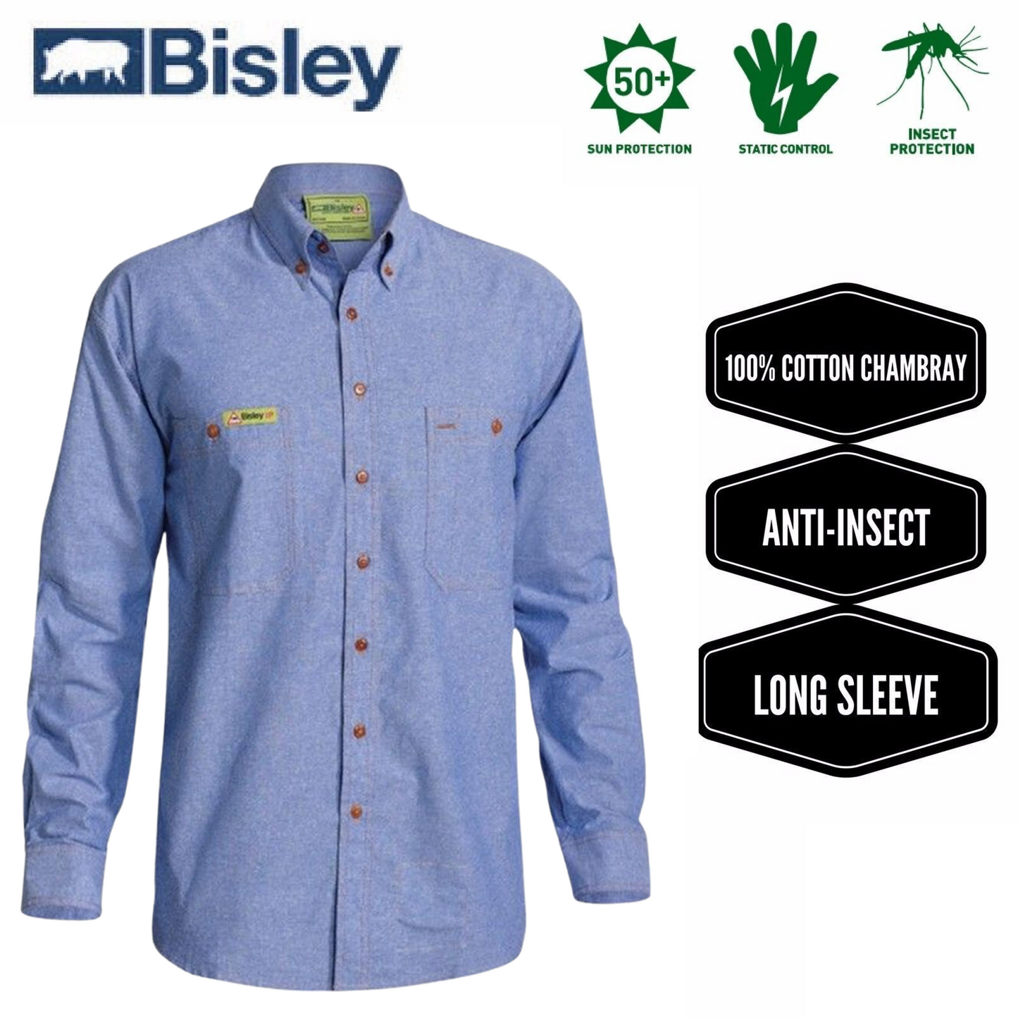 BISLEY Insect Protection Repellent Long Sleeve Casual Shirt Fishing Camping - Blue - S-1