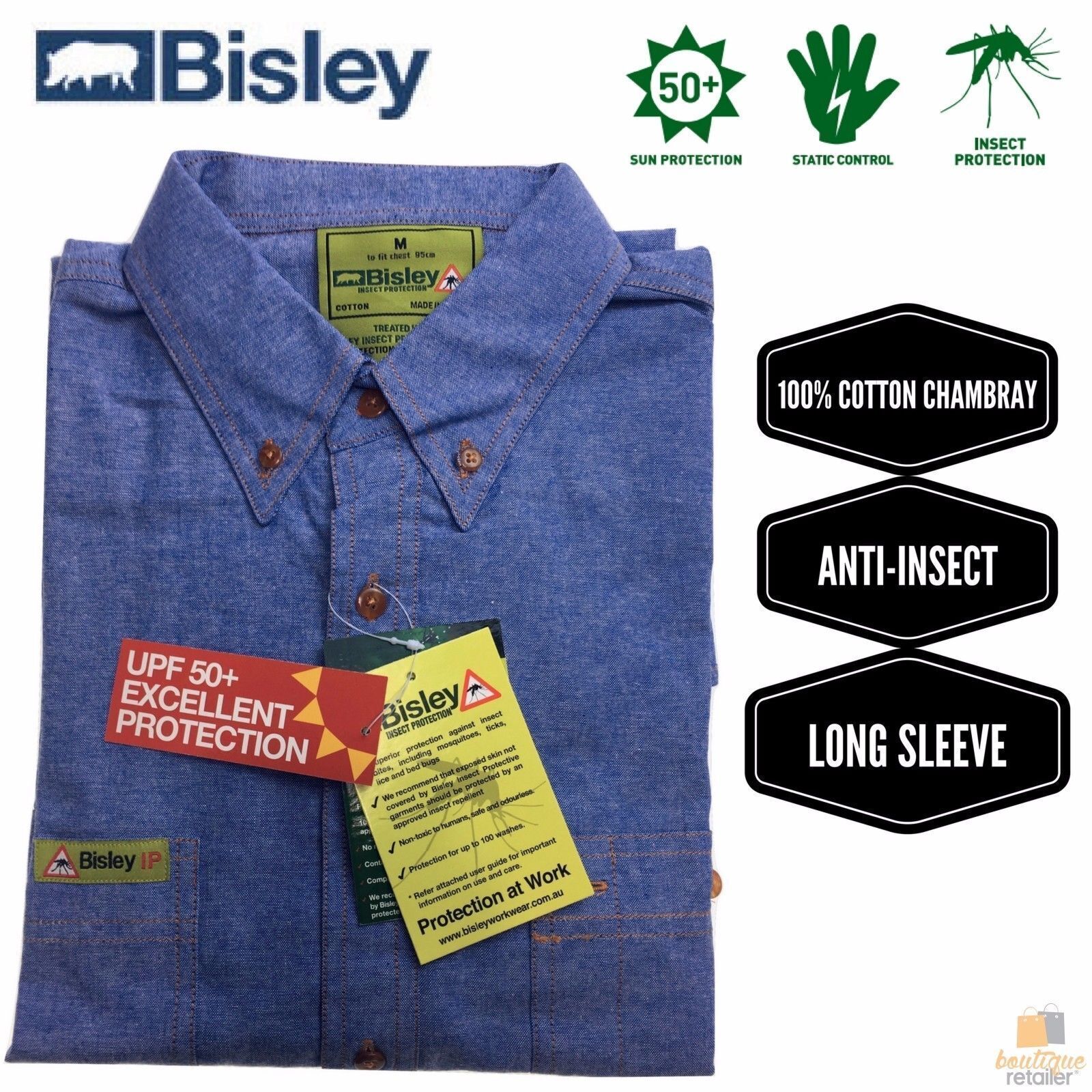 BISLEY Insect Protection Repellent Long Sleeve Casual Shirt Fishing Camping - Blue - S-9