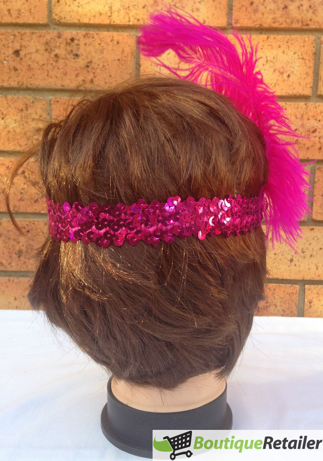 3x 1920s FLAPPER HEADBAND Headpiece Feather Sequin Charleston Costume Gatsby - Hot Pink-3