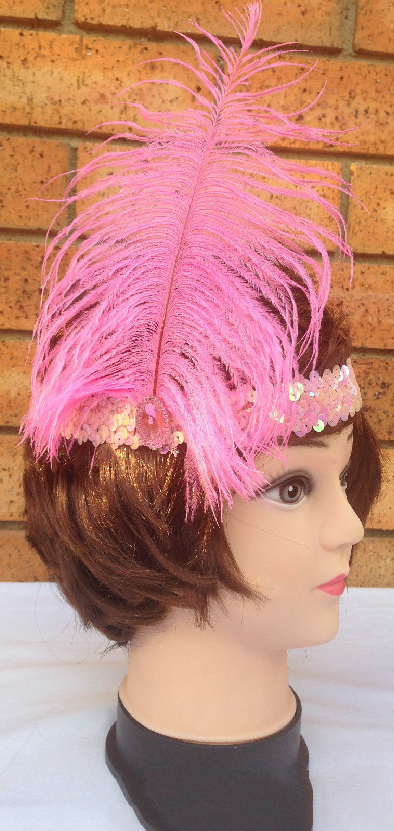 3x 1920s FLAPPER HEADBAND Headpiece Feather Sequin Charleston Costume Gatsby - Light Pink-3