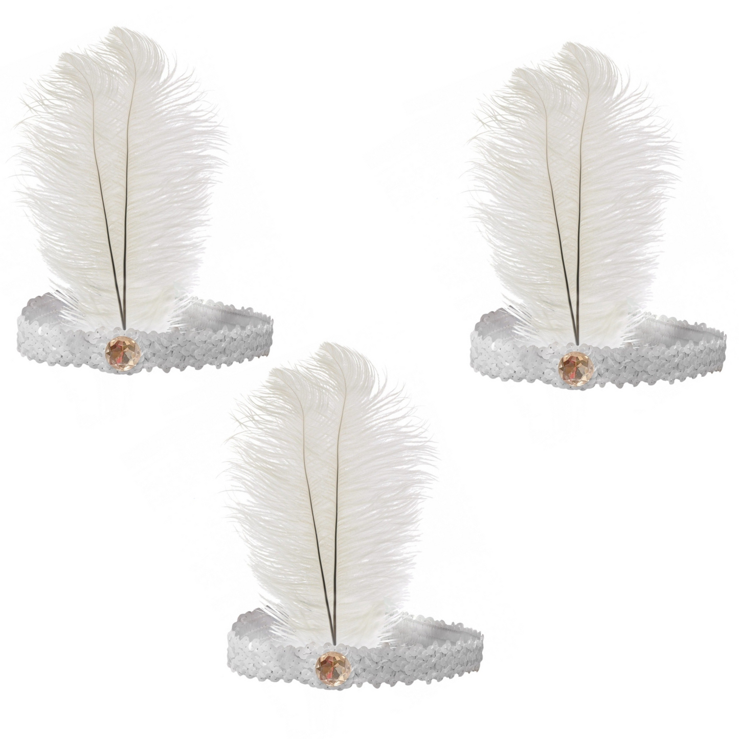 3x 1920s FLAPPER HEADBAND Headpiece Feather Sequin Charleston Costume Gatsby - White-0