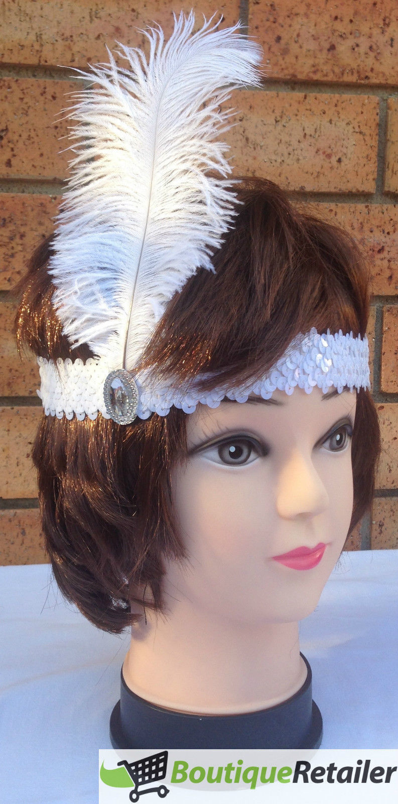 3x 1920s FLAPPER HEADBAND Headpiece Feather Sequin Charleston Costume Gatsby - White-2