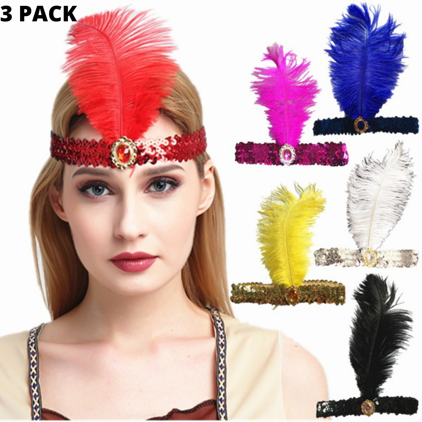 3x 1920s FLAPPER HEADBAND Headpiece Feather Sequin Charleston Costume Gatsby - Assorted Colours Pack-3