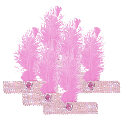 6x 1920s FLAPPER HEADBAND Headpiece Feather Sequin Charleston Costume Party BULK - Light Pink-0