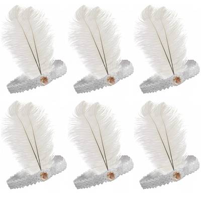 6x 1920s FLAPPER HEADBAND Headpiece Feather Sequin Charleston Costume Party BULK - White-0