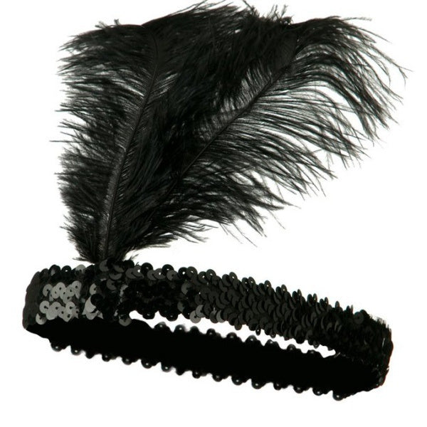 1920s FLAPPER HEADBAND Headpiece Feather Sequin Charleston Costume Gatsby Dance - Black-0