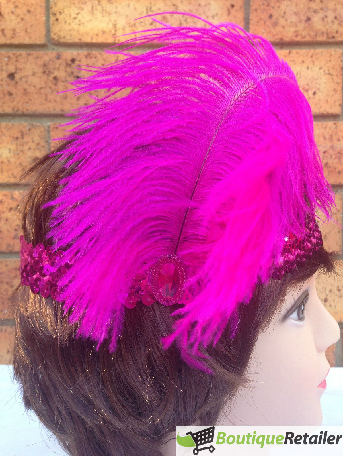 1920s FLAPPER HEADBAND Headpiece Feather Sequin Charleston Costume Gatsby Dance - Hot Pink-4