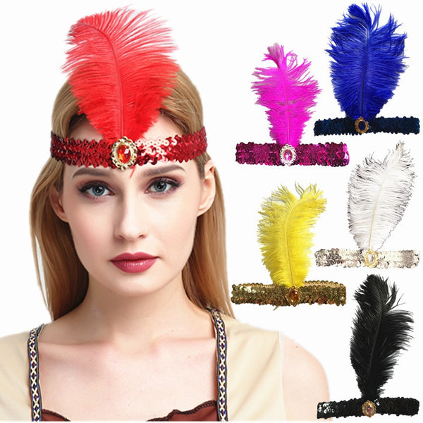 1920s FLAPPER HEADBAND Headpiece Feather Sequin Charleston Costume Gatsby Dance - Hot Pink-5