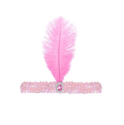 1920s FLAPPER HEADBAND Headpiece Feather Sequin Charleston Costume Gatsby Dance - Light Pink-1