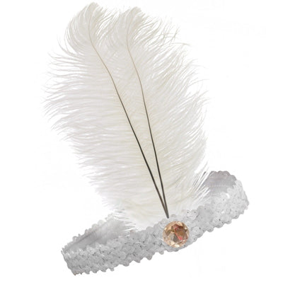 1920s FLAPPER HEADBAND Headpiece Feather Sequin Charleston Costume Gatsby Dance - White-0