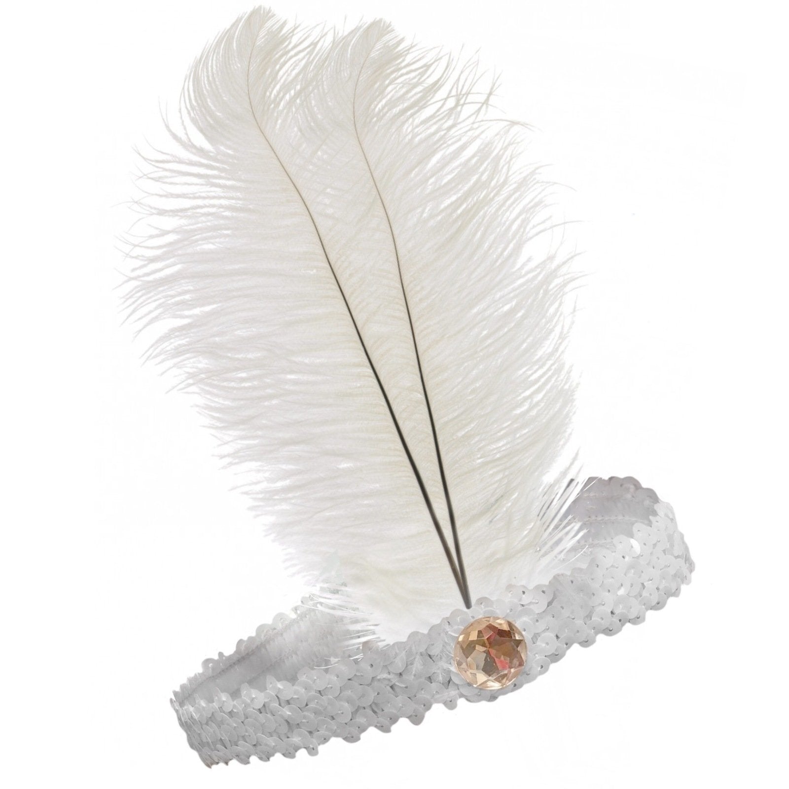 1920s FLAPPER HEADBAND Headpiece Feather Sequin Charleston Costume Gatsby Dance - White-1