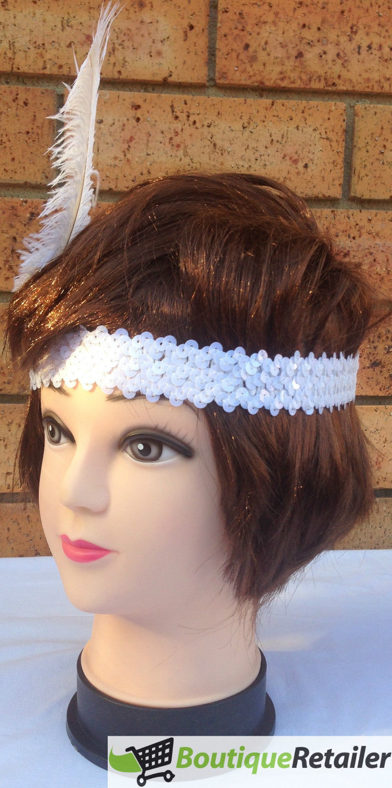 1920s FLAPPER HEADBAND Headpiece Feather Sequin Charleston Costume Gatsby Dance - White-2