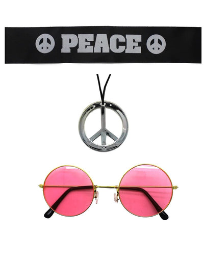 Hippie Kit Set Headband Glasses Pendant Peace Sign Necklace 60s 70s Costume-0