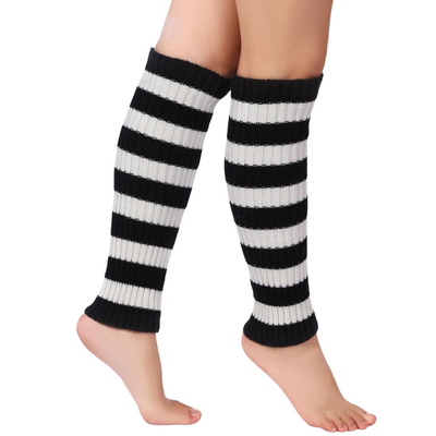 Pair of Womens Leg Warmers Disco Winter Knit Dance Party Crochet Legging Socks Costume - Black/White Stripe-0