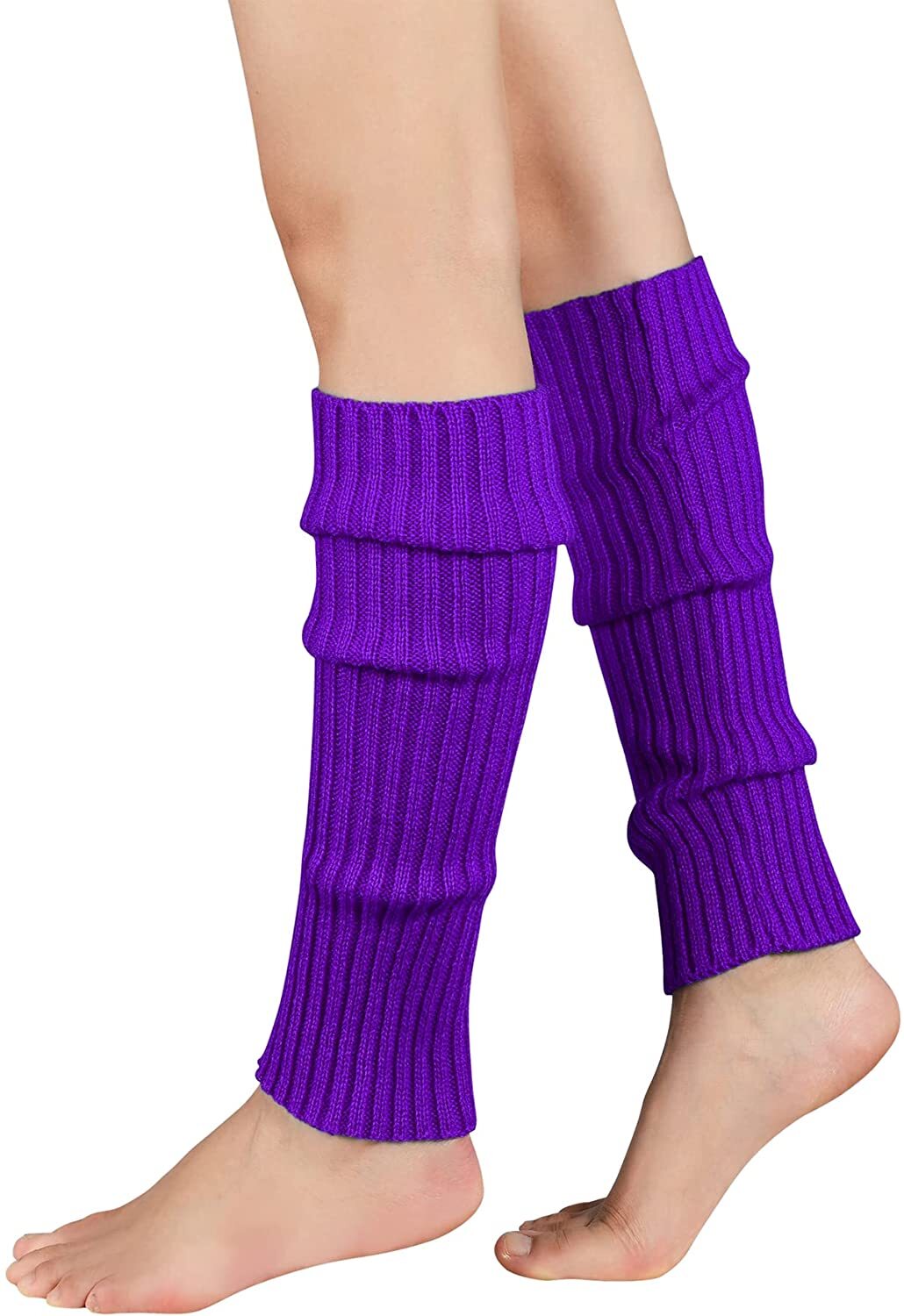 Pair of Womens Leg Warmers Disco Winter Knit Dance Party Crochet Legging Socks Costume - Eggplant-1