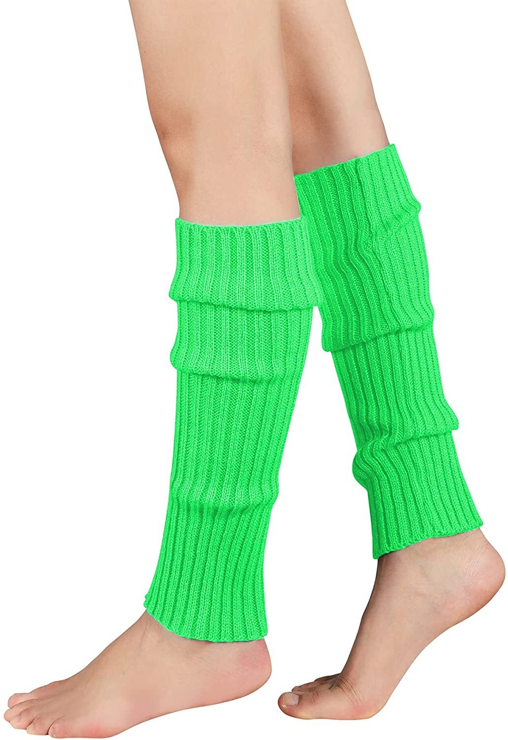 Pair of Womens Leg Warmers Disco Winter Knit Dance Party Crochet Legging Socks Costume - Fluro Green-0