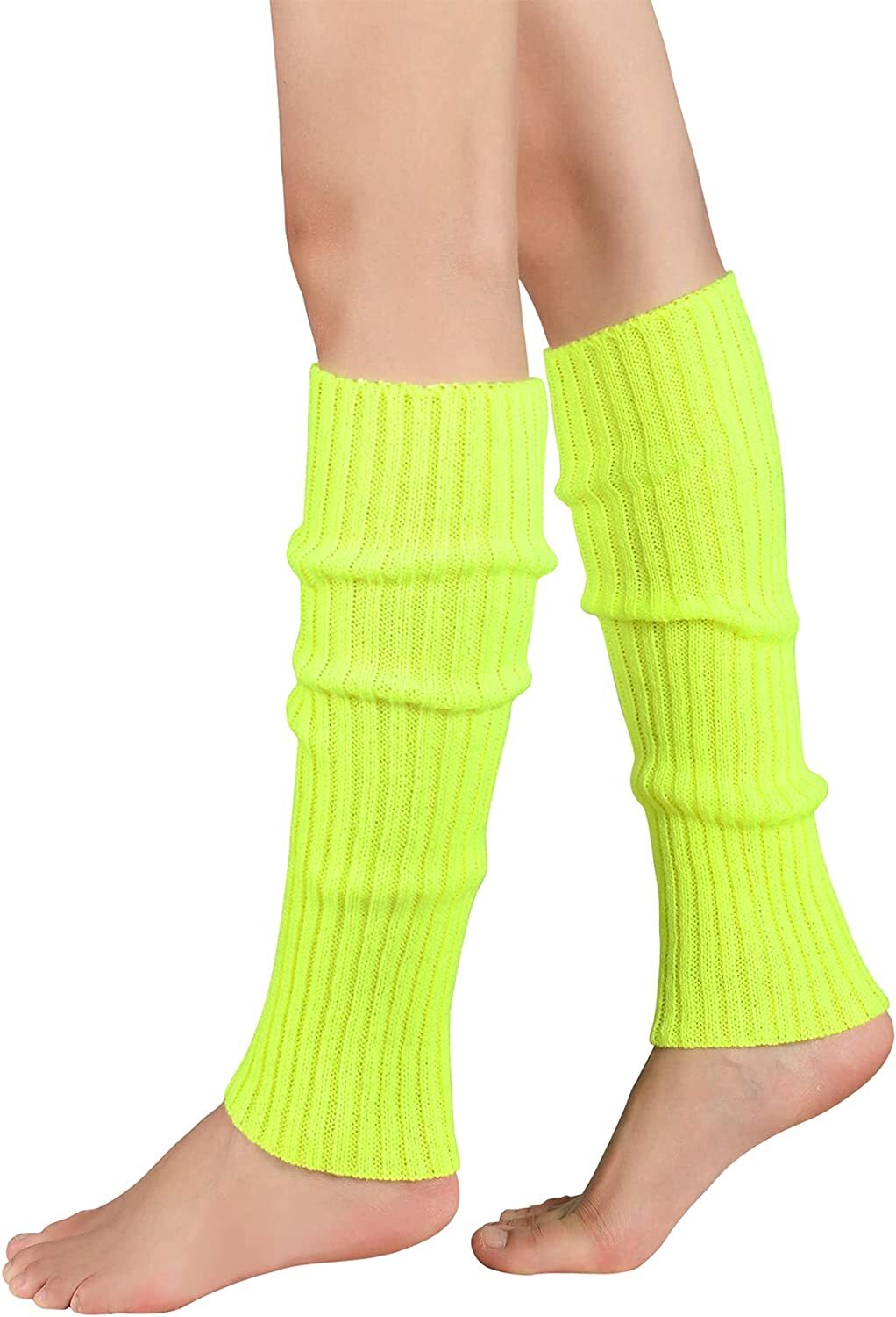 Pair of Womens Leg Warmers Disco Winter Knit Dance Party Crochet Legging Socks Costume - Fluro Yellow-0