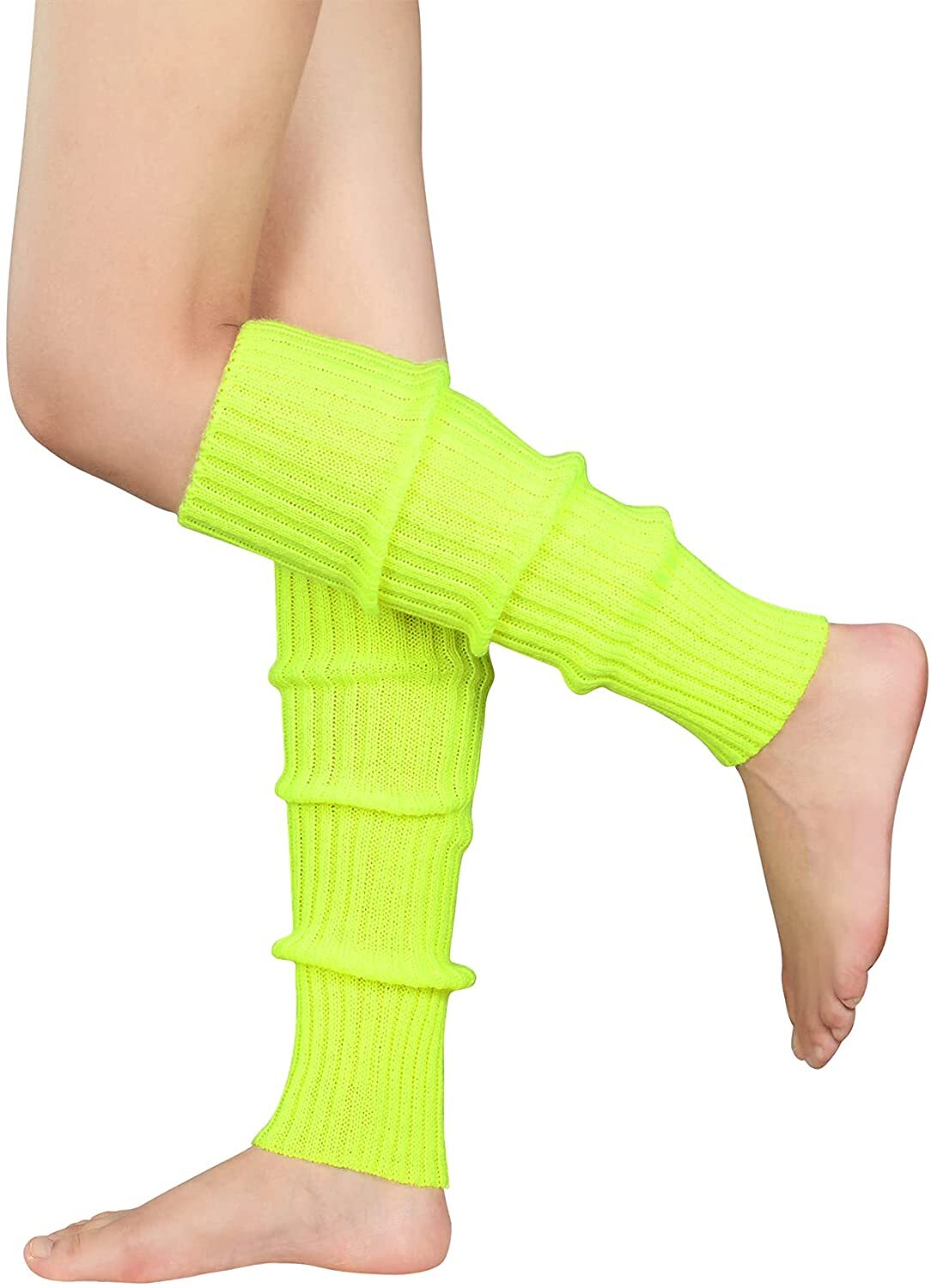 Pair of Womens Leg Warmers Disco Winter Knit Dance Party Crochet Legging Socks Costume - Fluro Yellow-2